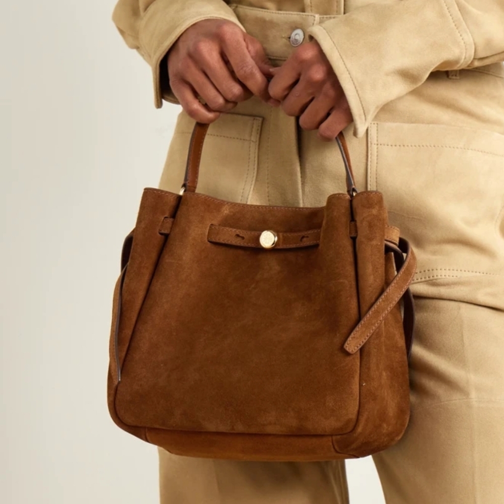 Tory Burch Leather Purse Brown Genuine Suede Bucket Crossbody Bag - Picture 1 of 11